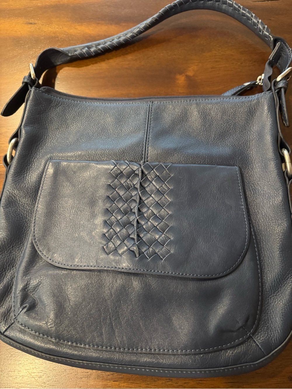 NorthStyle Genuine Leather Woven Detail Shoulder Bag - Navy